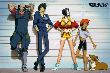 I protagonisti di Cowboy Bebop. Da sinistra: Jet, Spike, Faye, Ed ed Ein [foto Wikipedia.eng]